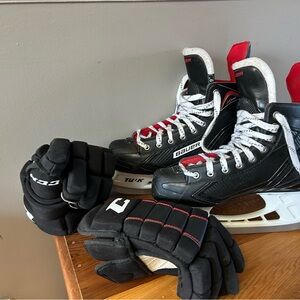 Bauer Black and Red Ice Hockey Skates with Edge Gloves